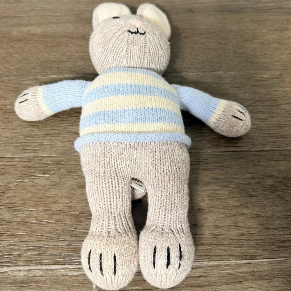 Melange Collections Handmade Knit Bunny Striped Sweater Plush Tan Blue Gray 12in